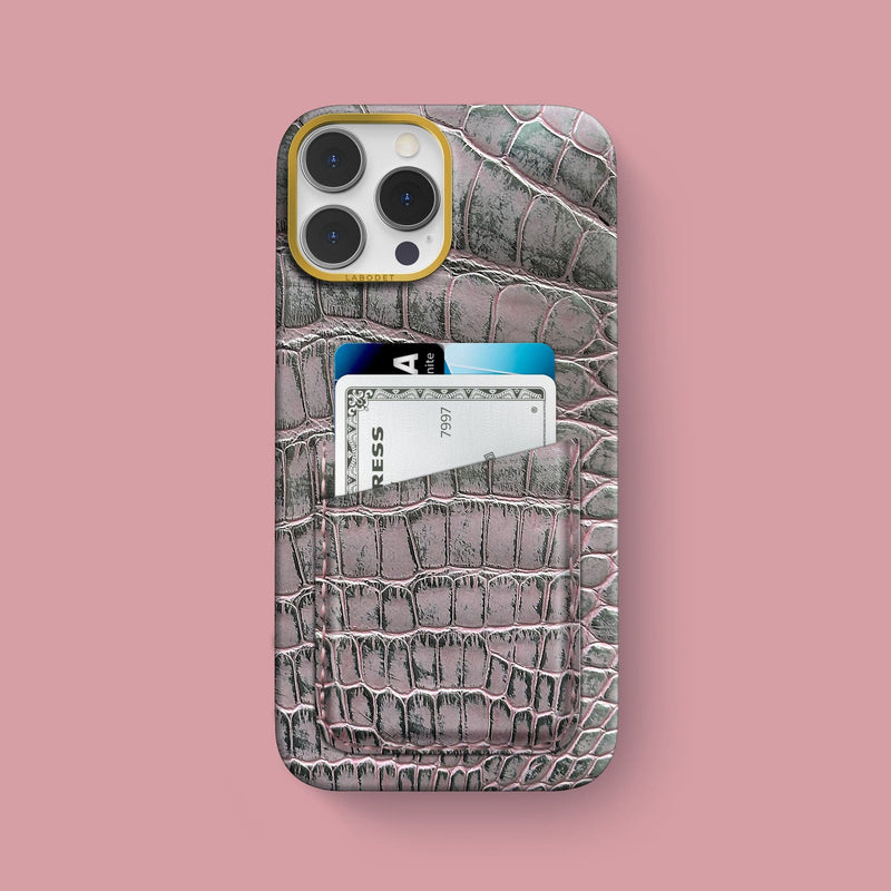 iPhone 15 Pro Max Double Card Case 1/1 Pink Aluminium Alligator with Gold Metal -1 | Pink-Aluminium-Gold