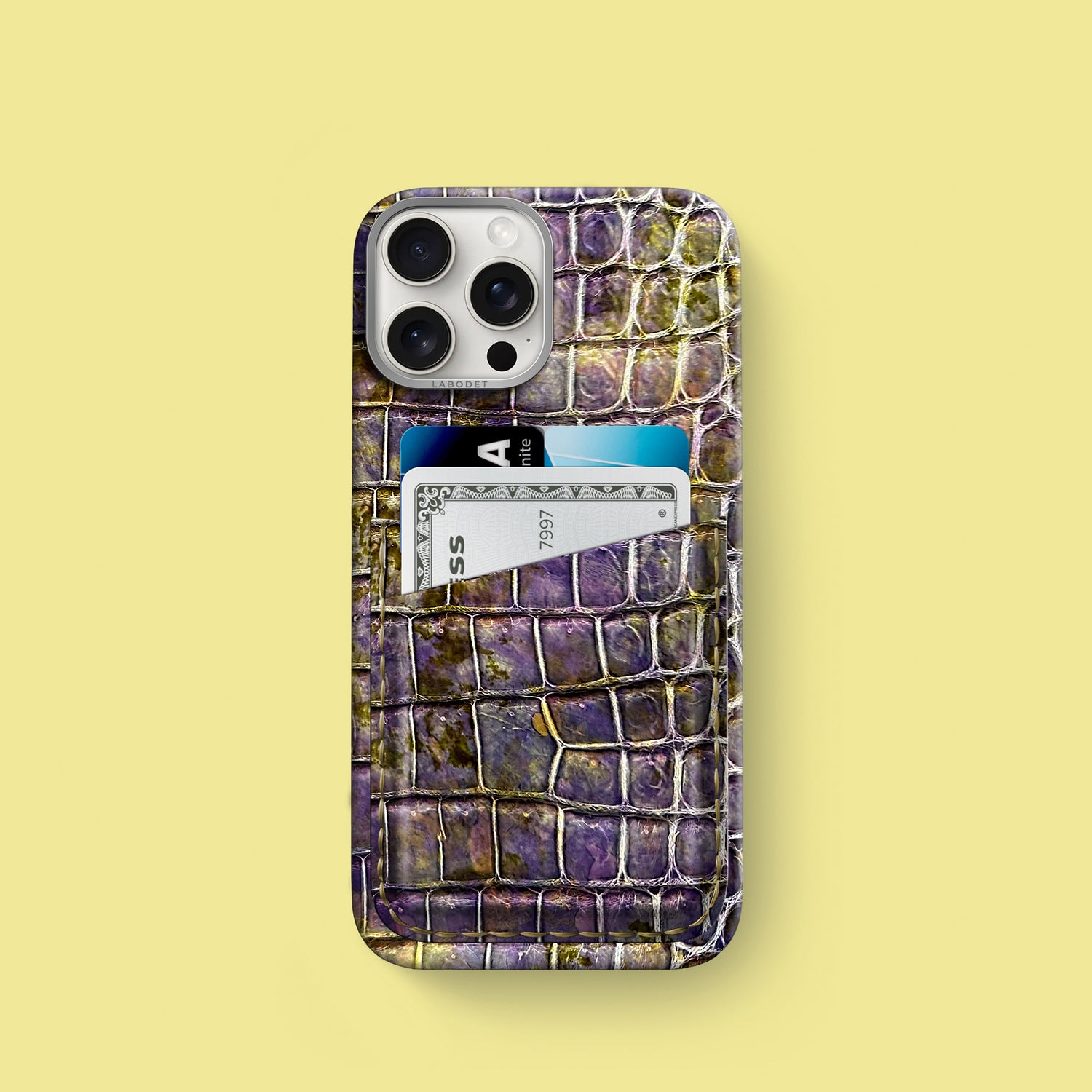 Fluorite Double Card Case 1/1 For iPhone 16 Pro In Alligator with Steel Metal -1 | Fluorite-Steel