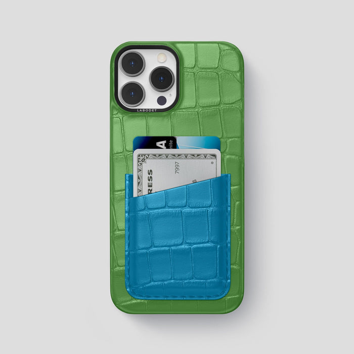 Apple-Green-Curaçao-Blue iPhone 14 Pro Max Card Case Alligator with Black Metal -1 | Apple-Green-Curaçao-Blue-Black
