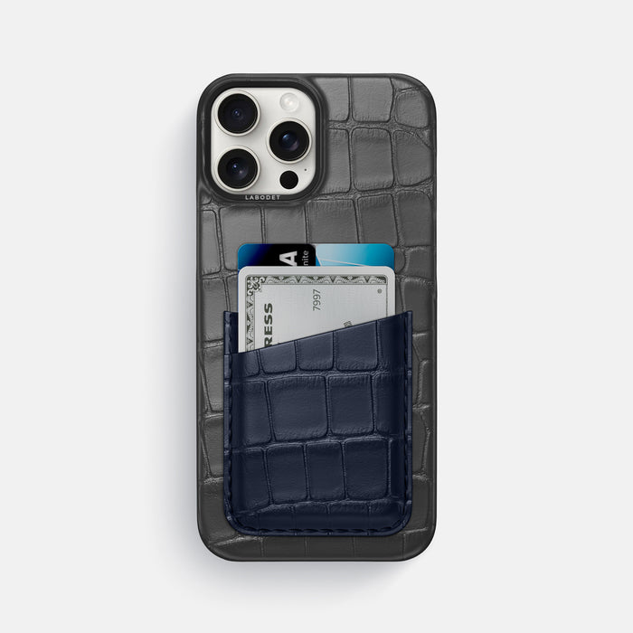 Grey-Navy-Blue iPhone 16 Pro Max Card Case Alligator with Black Metal -1 | Grey-Navy-Blue-Black