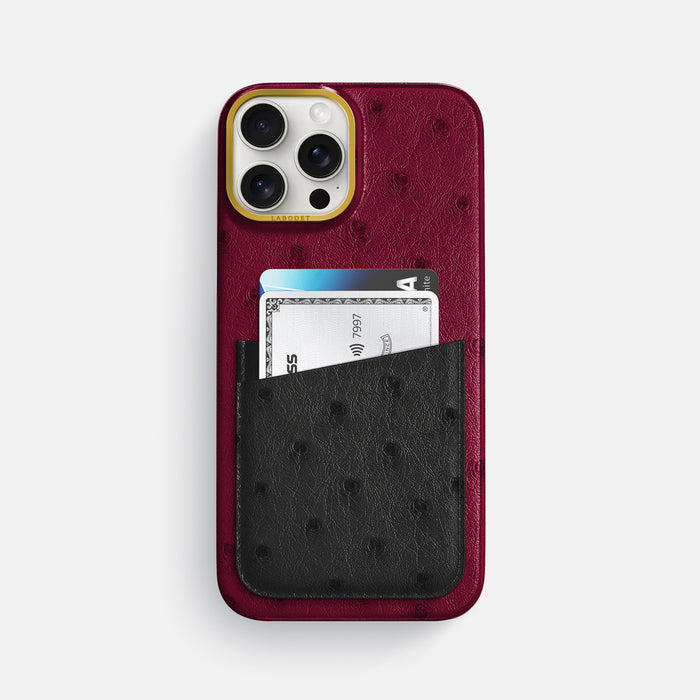 Bordeaux-Black iPhone 16 Pro Max Card Case Ostrich with Gold Metal -1 | Bordeaux-Black-Gold