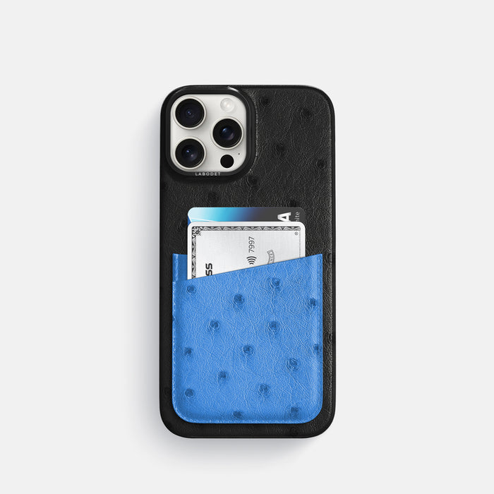 Black-Royal-Blue iPhone 16 Pro Card Case Ostrich with Black Metal -1 | Black-Royal-Blue-Black