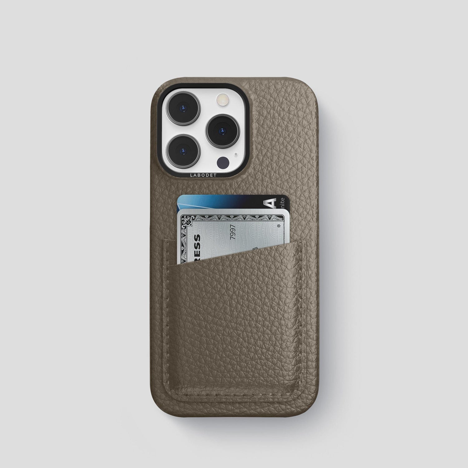Taupe iPhone 15 Pro Card Case Calf with Black Metal -1 | Taupe-Black