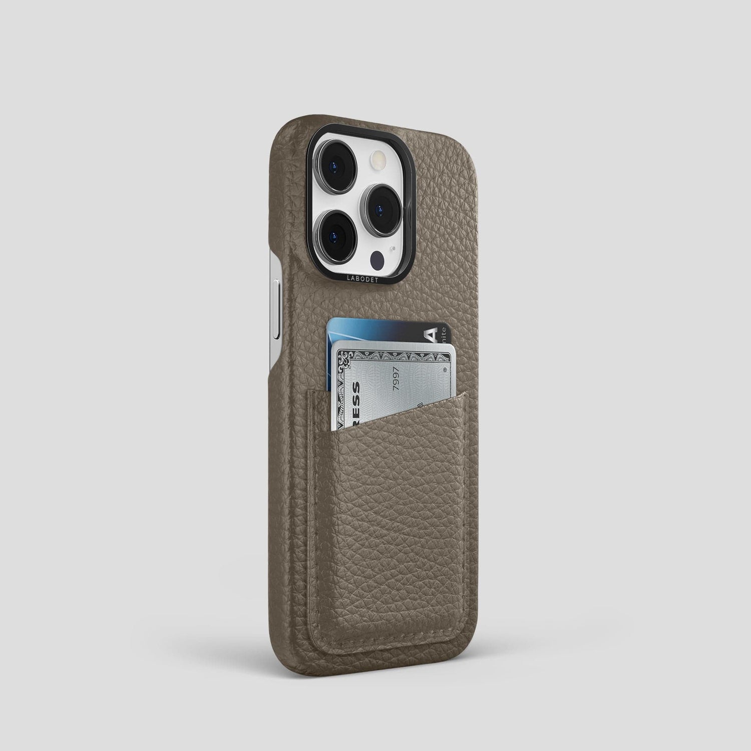 Taupe iPhone 15 Pro Card Case Calf with Black Metal -2 | Taupe-Black