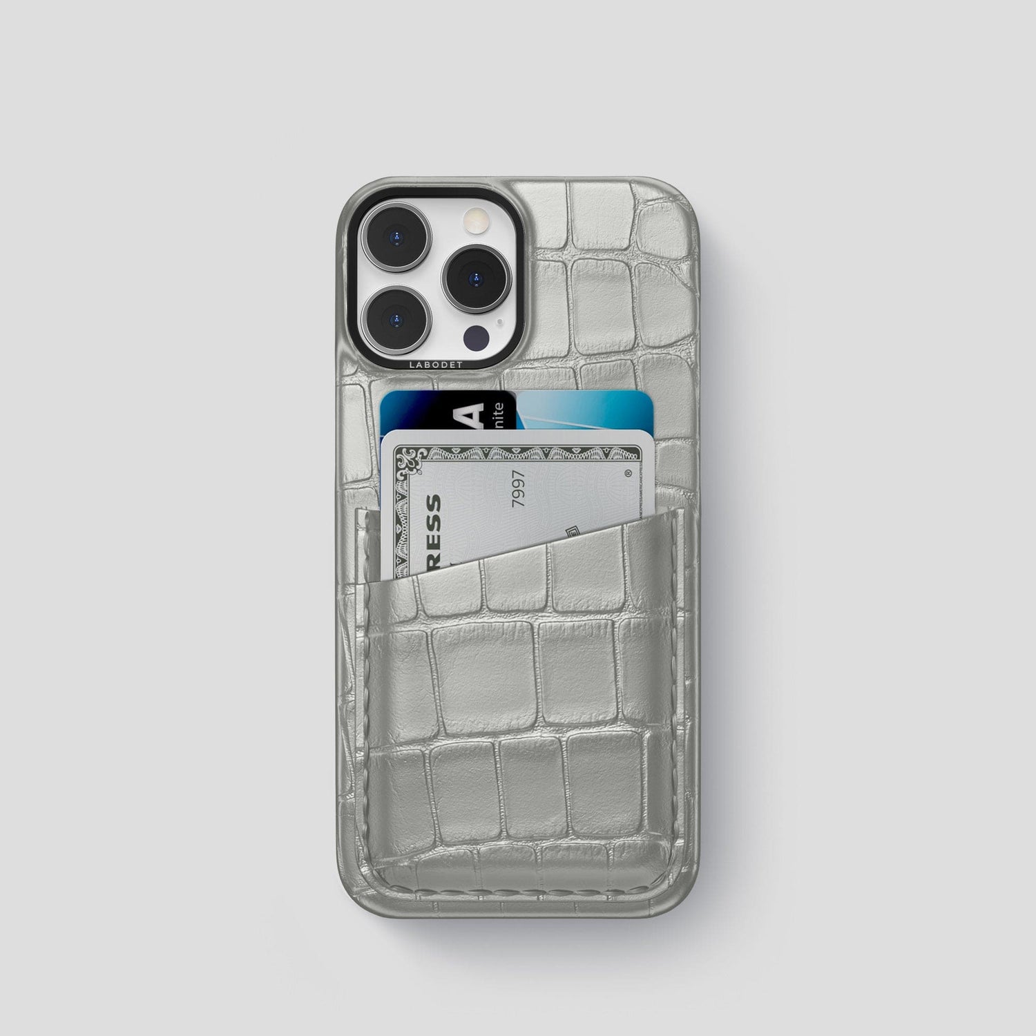 Pearlized-White iPhone 15 Pro Card Case Alligator with Black Metal -1 | Pearlized-White-Black