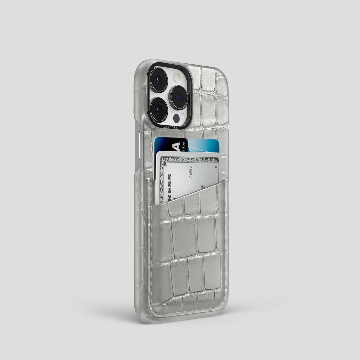 Pearlized-White iPhone 15 Pro Card Case Alligator with Black Metal -2 | Pearlized-White-Black