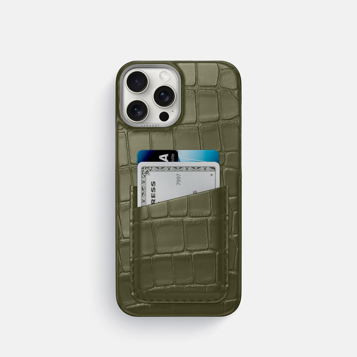 Kaki-Green iPhone 16 Pro Card Case Alligator with Steel Metal -1 | Kaki-Green-Steel