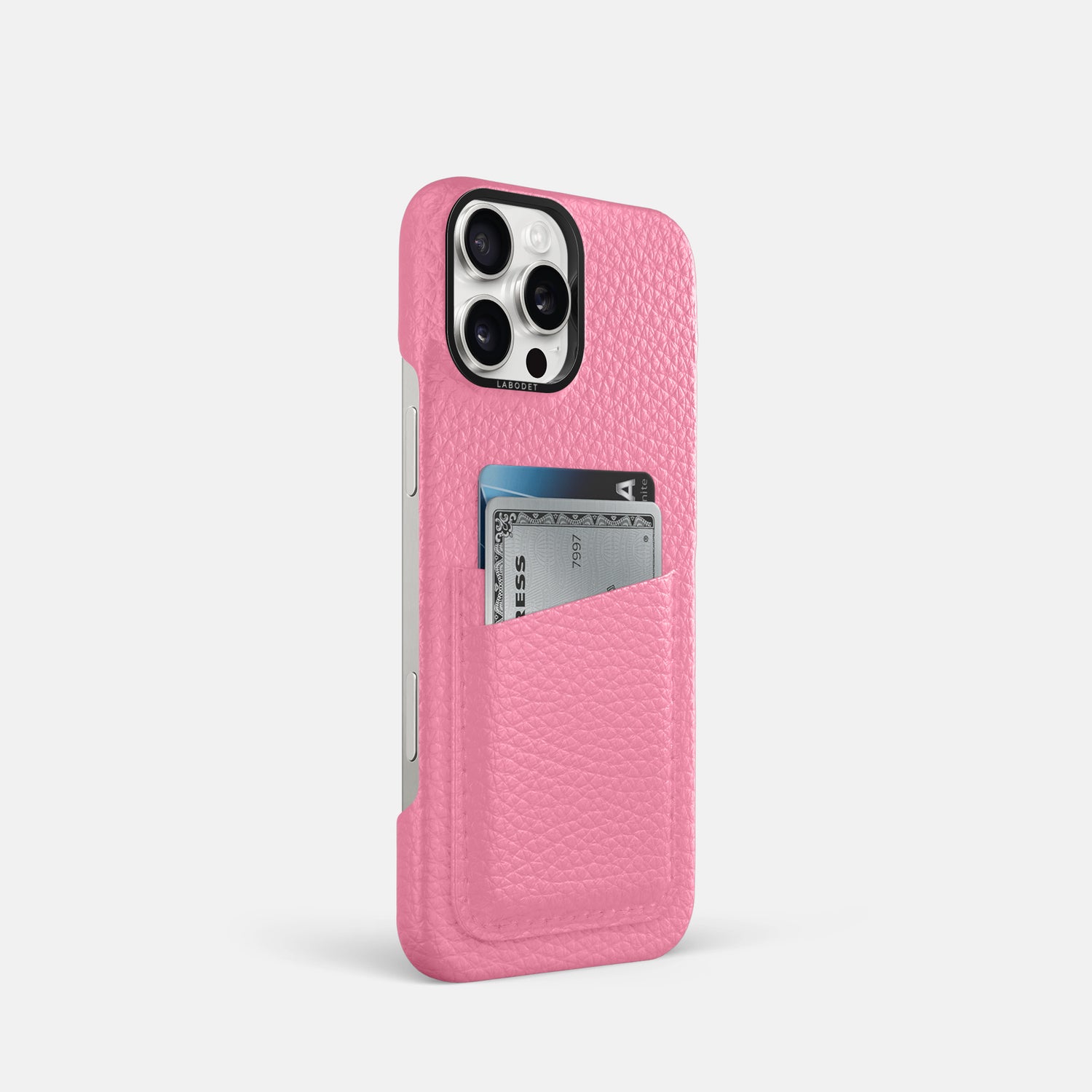 Pink iPhone 16 Pro Card Case Calf with Black Metal -2 | Pink-Black