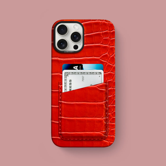 iPhone 16 Pro Max Double Card Case 1/1 Deep Coral Alligator with Black Metal -1 | Deep-Coral-Black