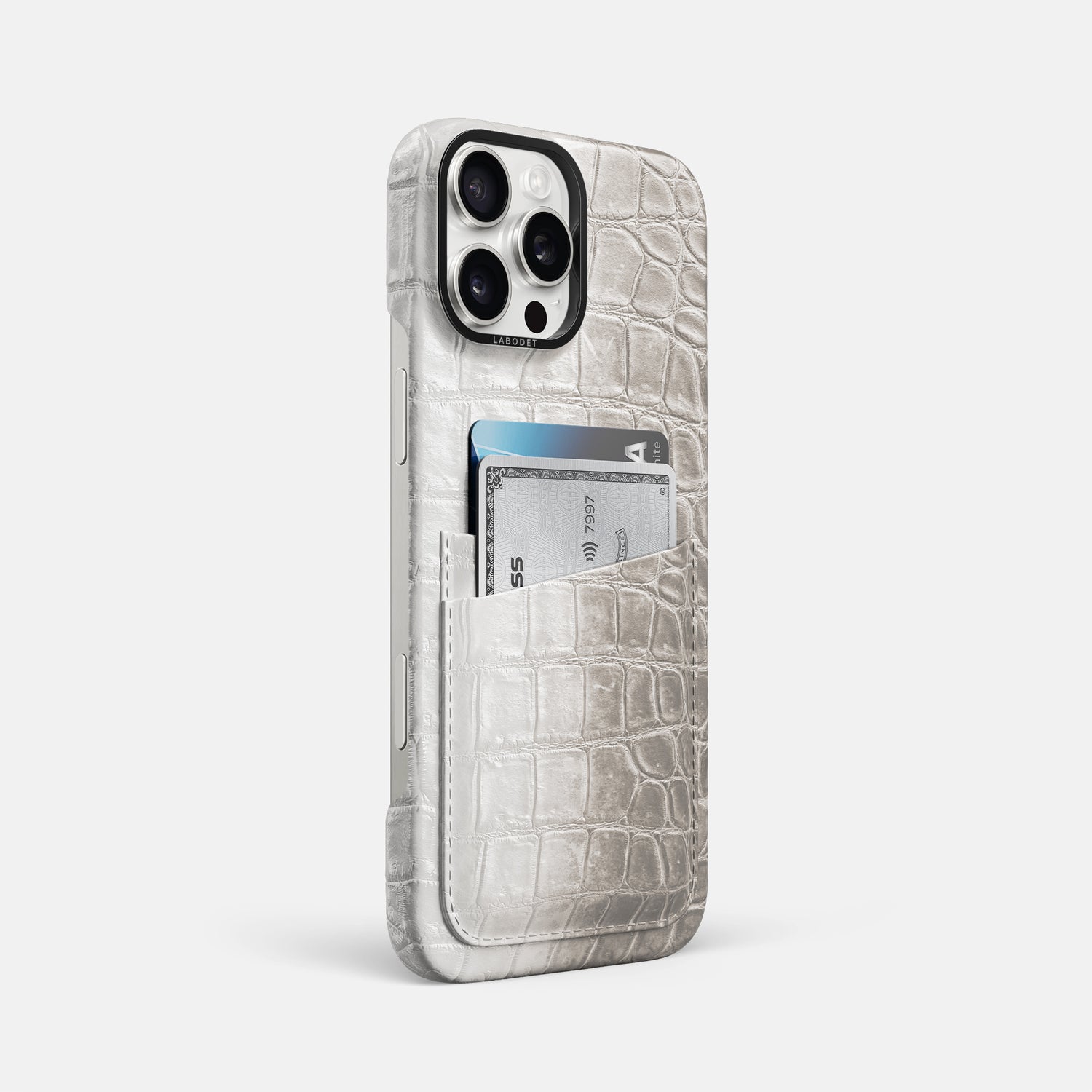 Grey iPhone 16 Pro Max Card Case Himalayan Crocodile with Black Metal -2 | Grey-Black