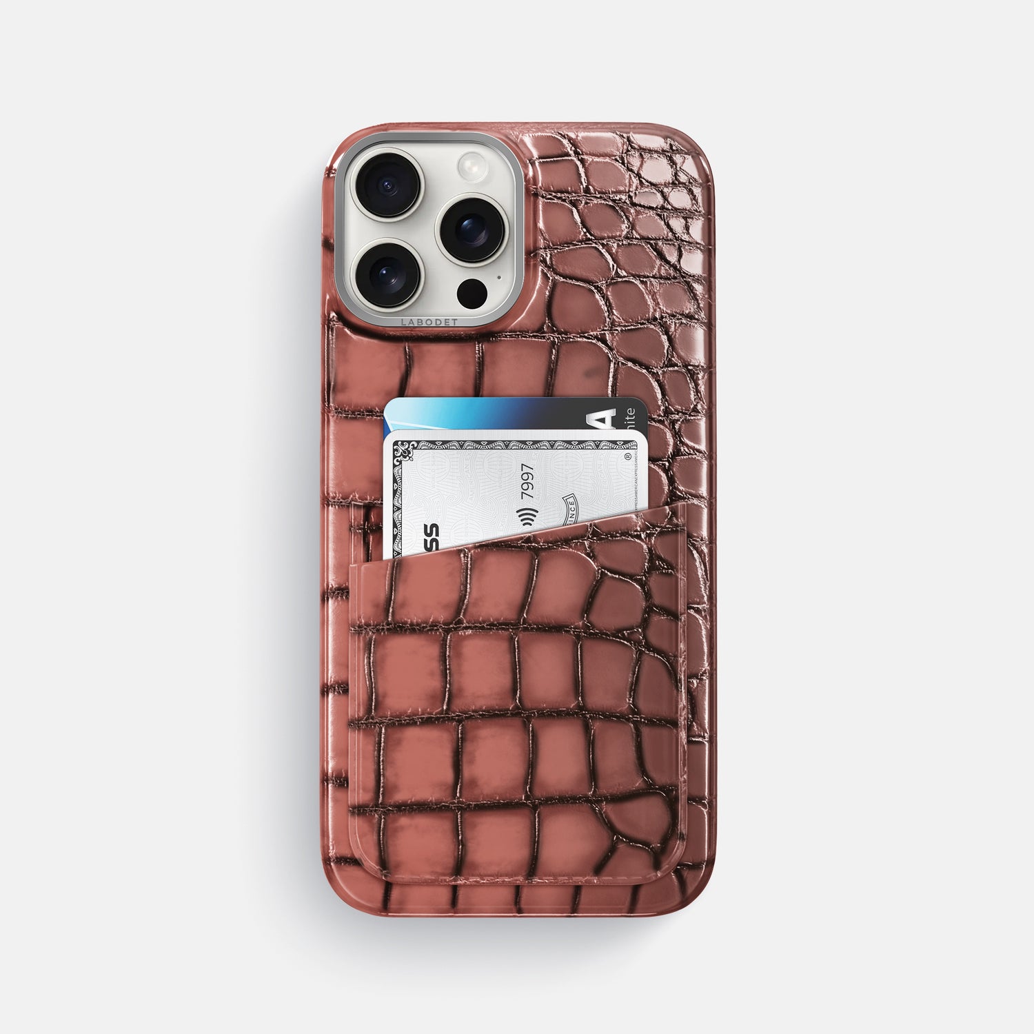 Wine-Sediment iPhone 16 Pro Max Double Card Case Patina Alligator with Steel Metal -1 | Wine-Sediment-Steel