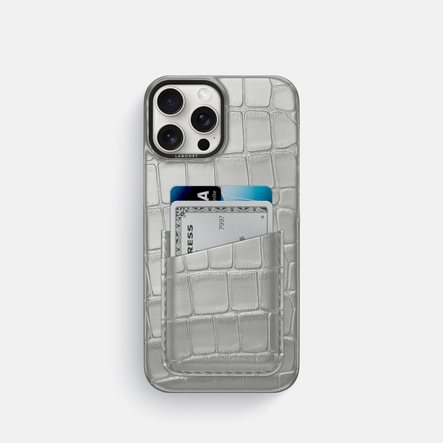 Pearlized-White iPhone 16 Pro Card Case Alligator with Steel Metal -1 | Pearlized-White-Steel