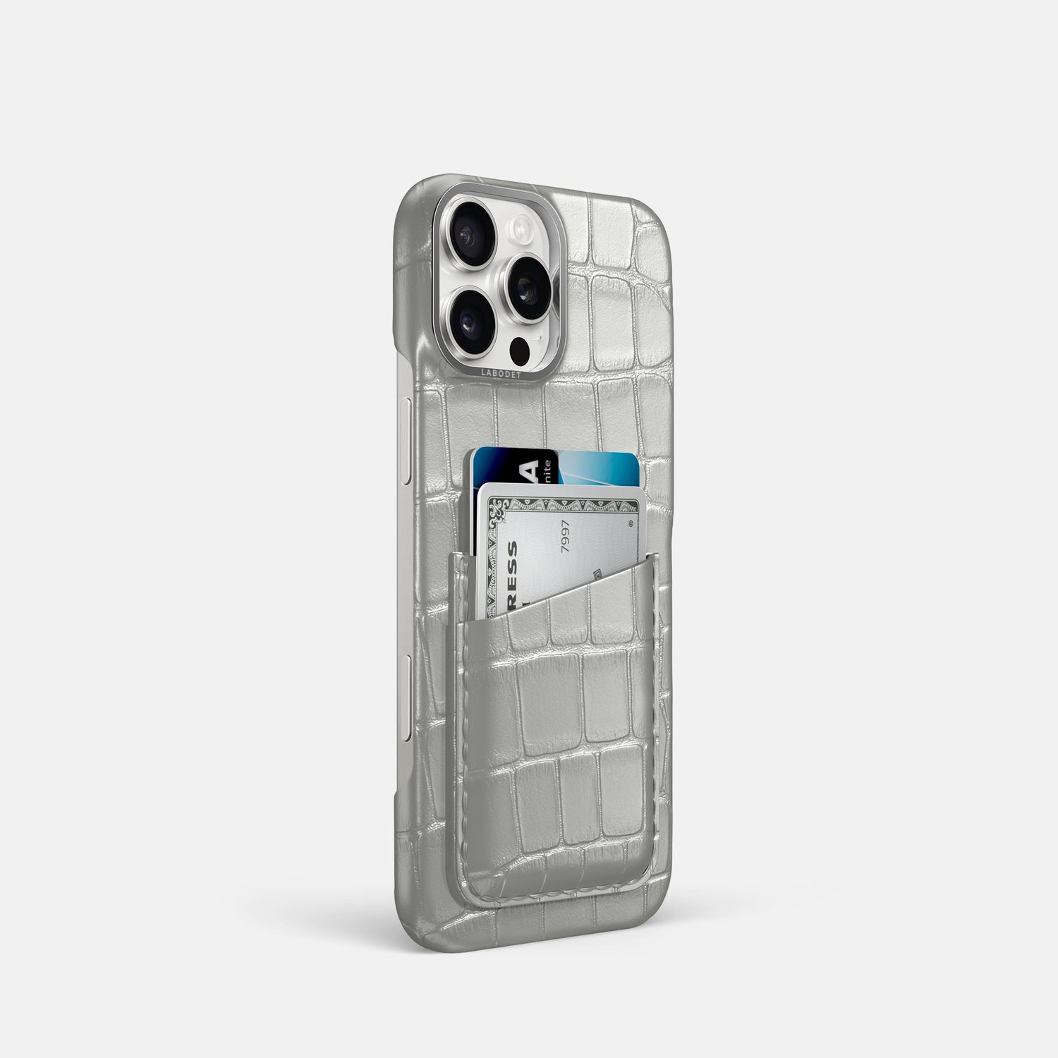 Pearlized-White iPhone 16 Pro Card Case Alligator with Steel Metal -2 | Pearlized-White-Steel