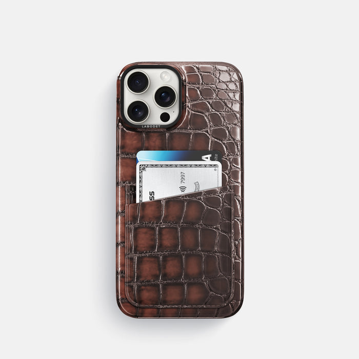 Havana-Brown iPhone 16 Pro Double Card Case Patina Alligator with Black Metal -1 | Havana-Brown-Black