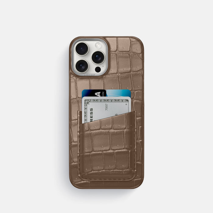 Fur-Brown iPhone 16 Pro Double Card Case Porosus Crocodile with Steel Metal -1 | Fur-Brown-Steel