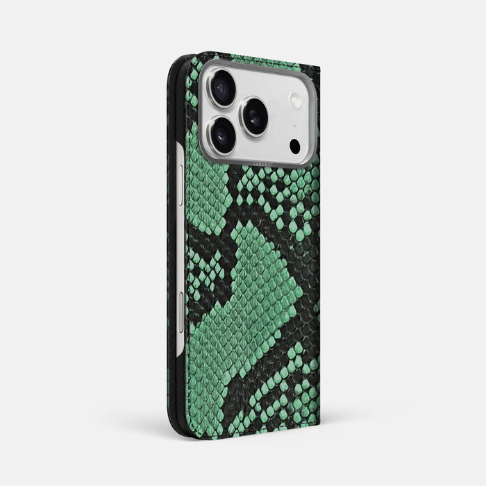 Folio Case For iPhone 18 Pro Max In Deluxe Python -1 | Forest-Green-Steel