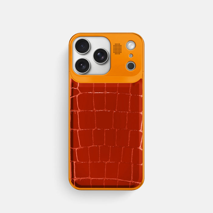Metal Case For iPhone 17 Pro In Shiny Alligator -1 | Orange-Orange