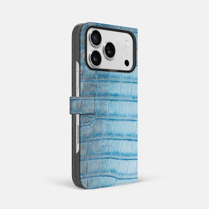 Folio Case with Clasp For iPhone 17 Pro Max In Himalayan Crocodile -1 | Ice-Blue-Black