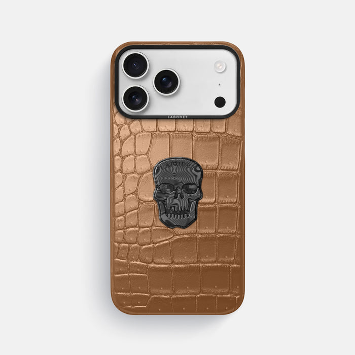 Classic Case With Carbon Skull For iPhone 17 Pro Max In Porosus Crocodile -1 | Milk-Chocolate-Black