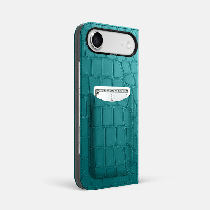 Folio Case with Card For iPhone 17 Air In Porosus Crocodile -1 | Celadon-Black