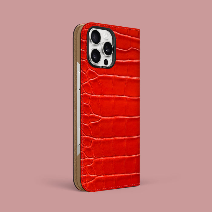 iPhone 16 Pro Max Folio Case 1/1 Deep Coral Alligator with Black Metal -1 | Deep-Coral-Black