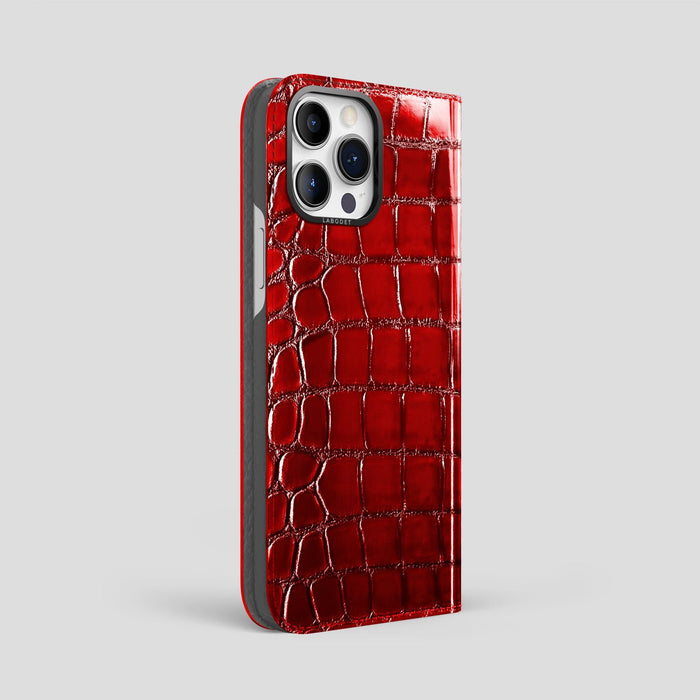 Burgundy iPhone 14 Pro Max Folio Magsafe Case Patina Alligator with Black Metal -1 | Burgundy-Black