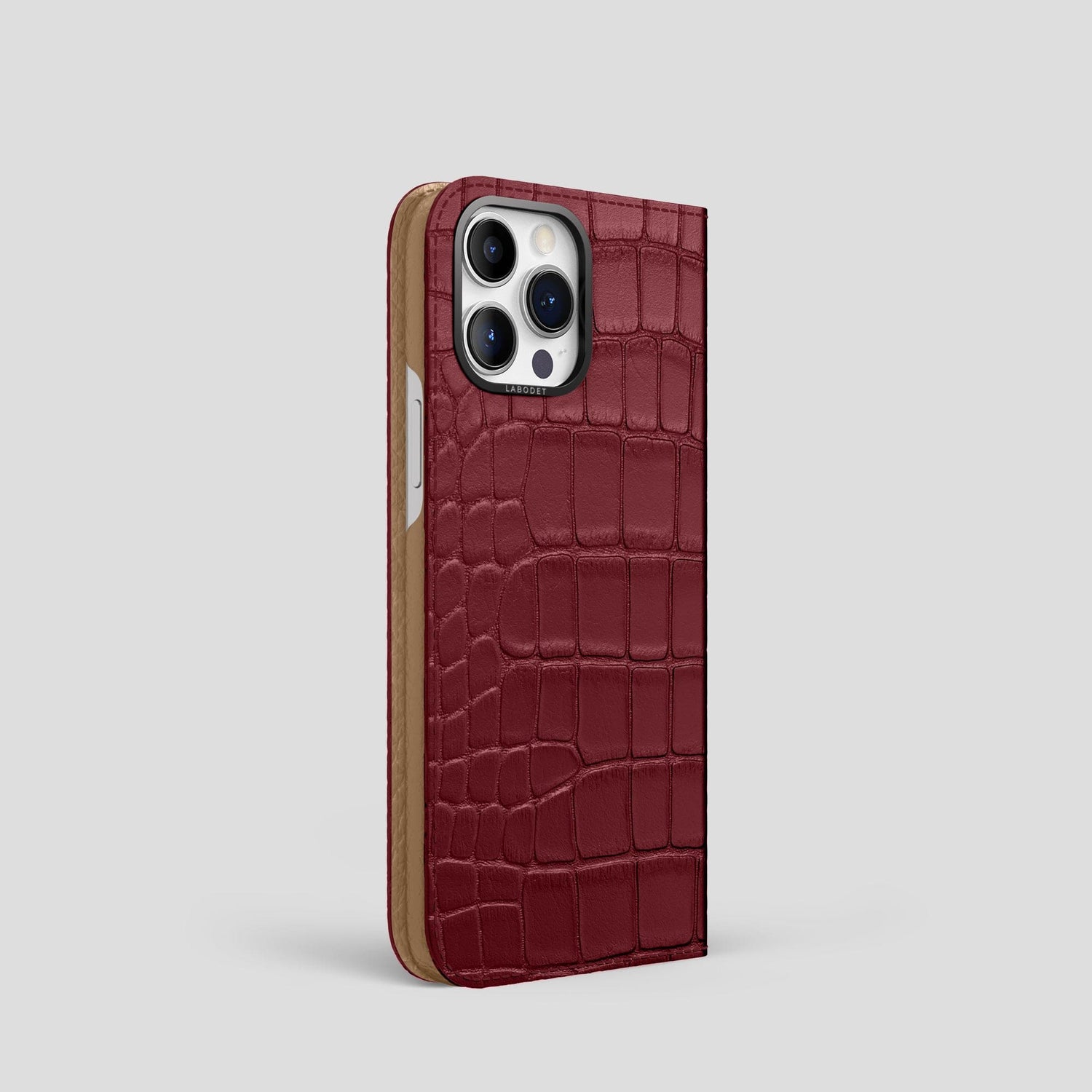 Burgundy iPhone 14 Pro Folio Case Alligator with Black Metal -1 | Burgundy-Black