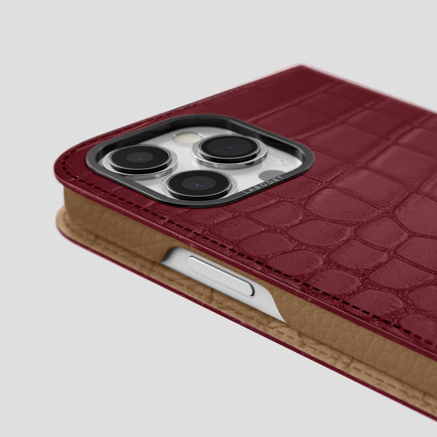 Burgundy iPhone 14 Pro Folio Case Alligator with Black Metal -5 | Burgundy-Black