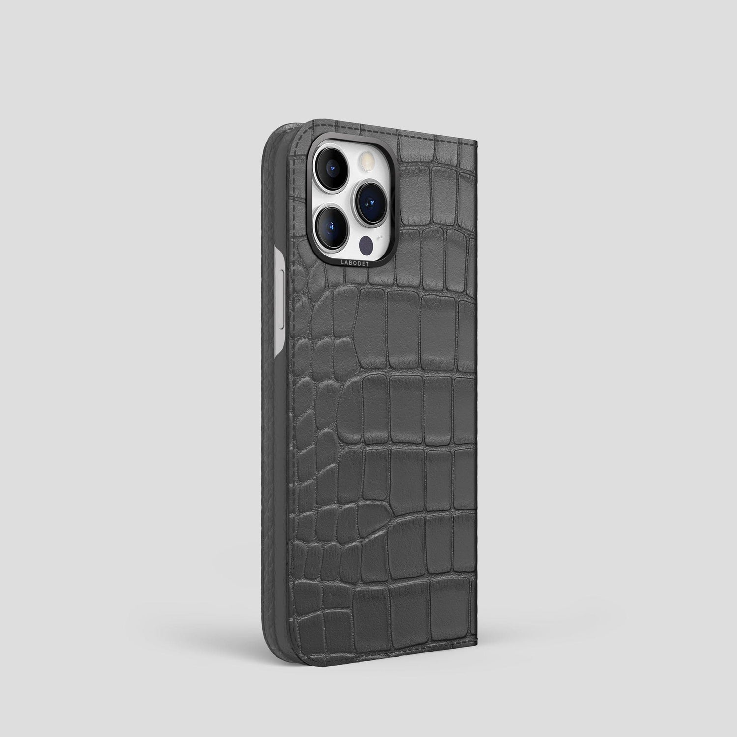 Grey iPhone 14 Pro Folio Case Alligator with Black Metal -1 | Grey-Black