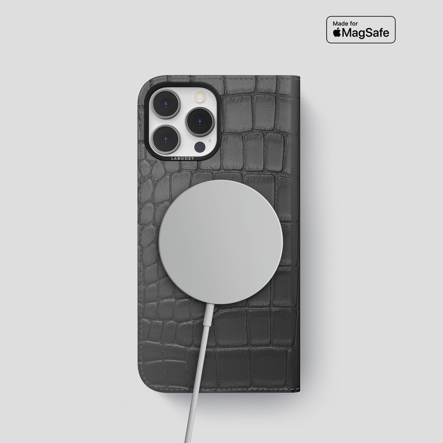 Grey iPhone 14 Pro Folio Case Alligator with Black Metal -3 | Grey-Black