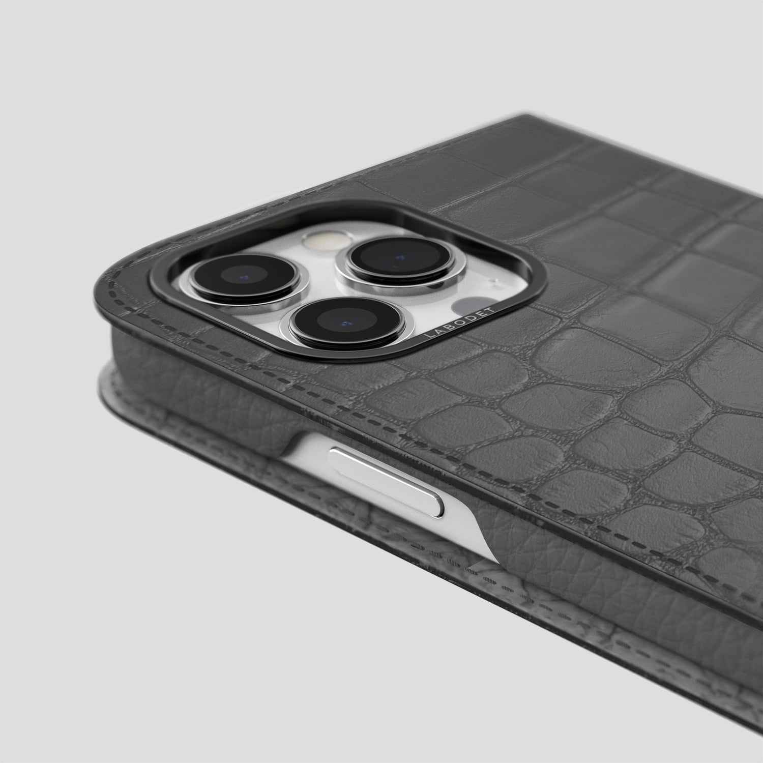 Grey iPhone 14 Pro Folio Case Alligator with Black Metal -5 | Grey-Black