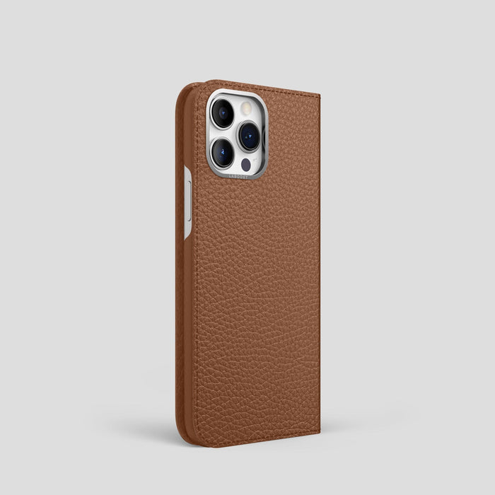 Caramel iPhone 14 Pro Folio Magsafe Case Calf with Steel Metal -1 | Caramel-Steel