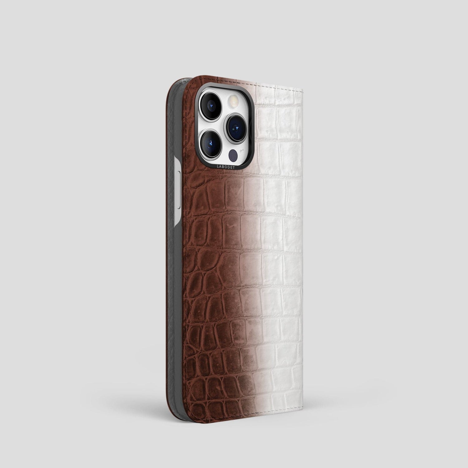 Dark Brown iPhone 14 Pro Folio Case Himalayan Crocodile with Black Metal -1 | Dark-Brown-Black