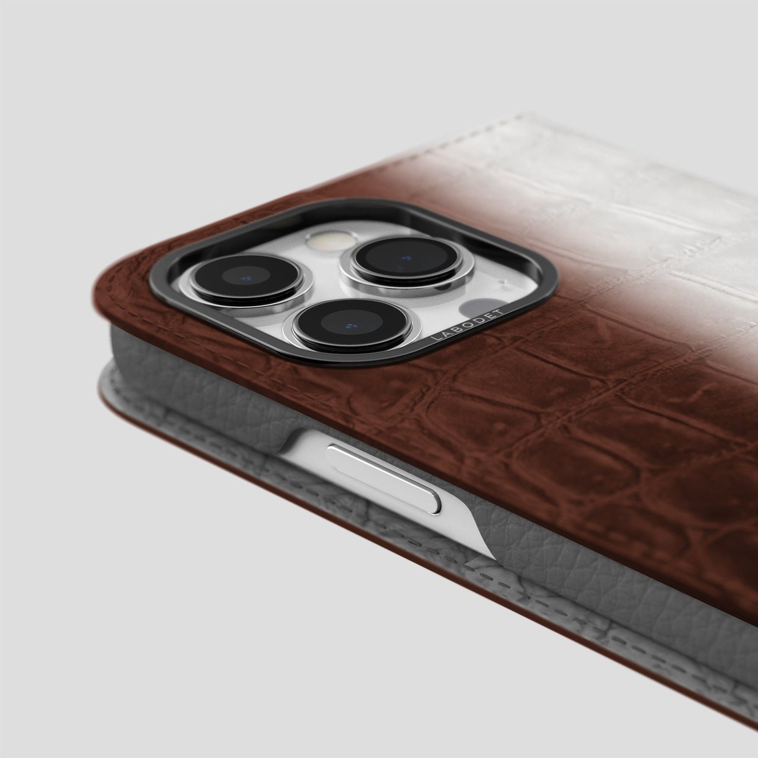 Dark Brown iPhone 14 Pro Folio Case Himalayan Crocodile with Black Metal -5 | Dark-Brown-Black