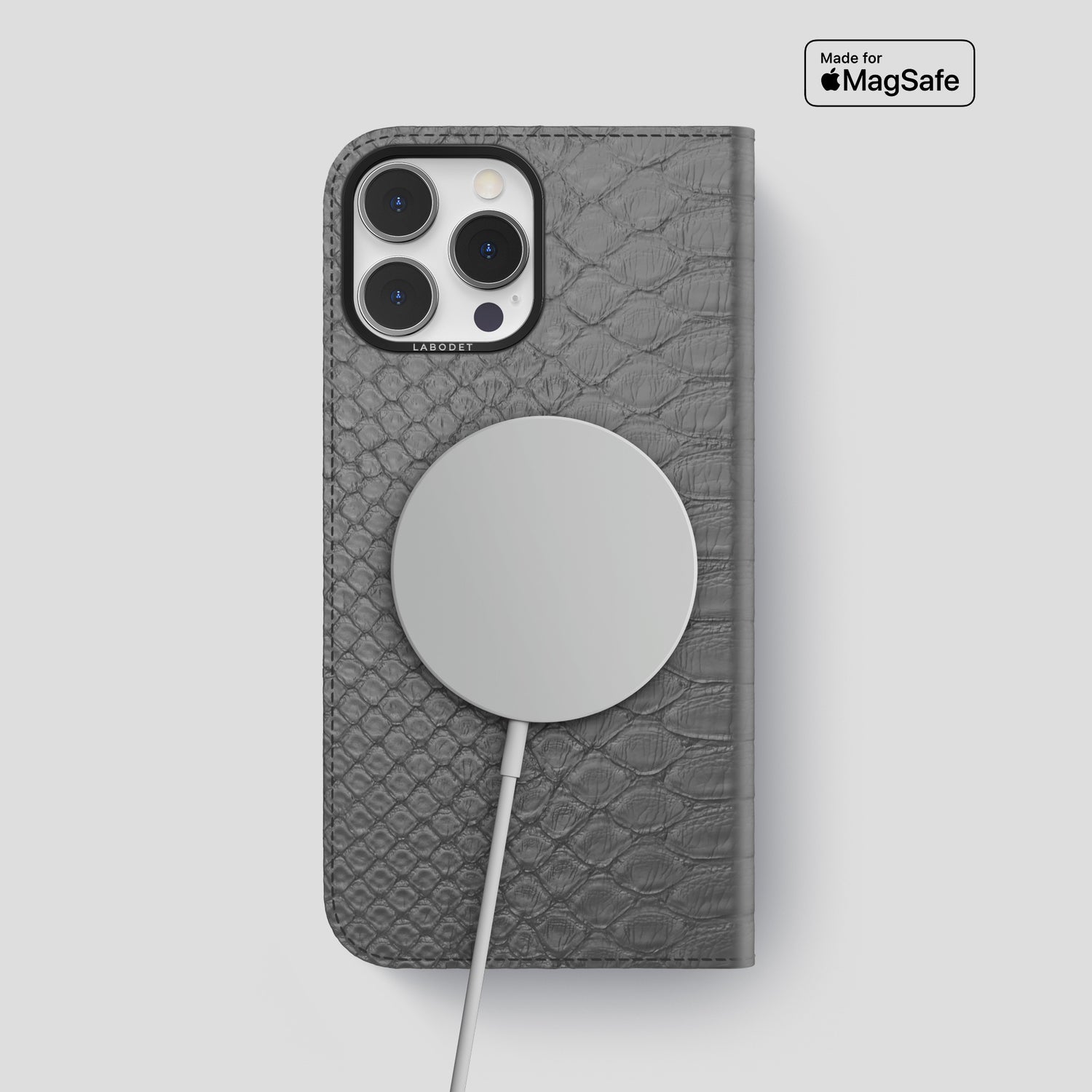 Grey iPhone 15 Pro Max Folio Case Python with Black Metal -3 | Grey-Black