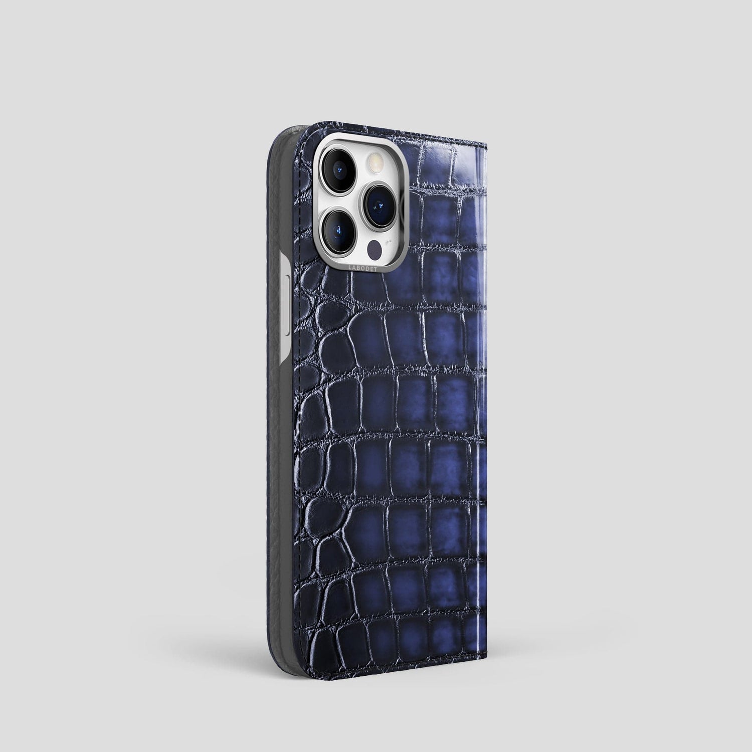 Havana-Blue iPhone 14 Folio Magsafe Case Patina Alligator with Steel Metal -1 | Havana-Blue-Steel