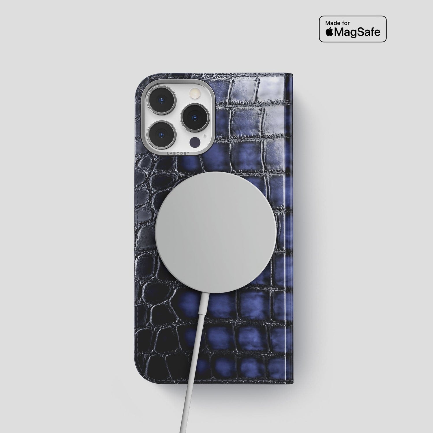 Havana-Blue iPhone 14 Folio Magsafe Case Patina Alligator with Steel Metal -3 | Havana-Blue-Steel