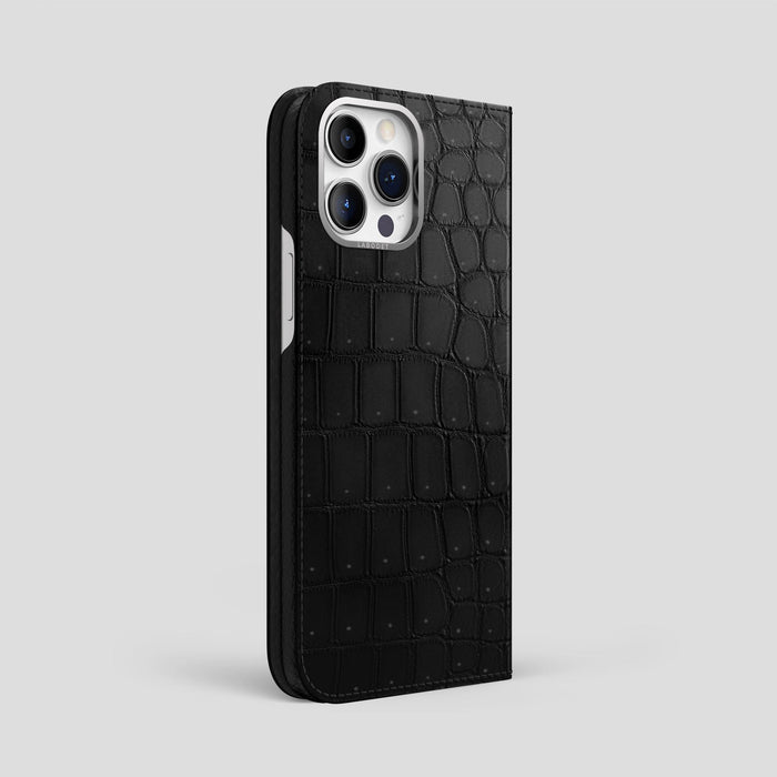 Black iPhone 15 Pro Max Folio Case Porosus Crocodile with Steel Metal -1 | Black-Steel