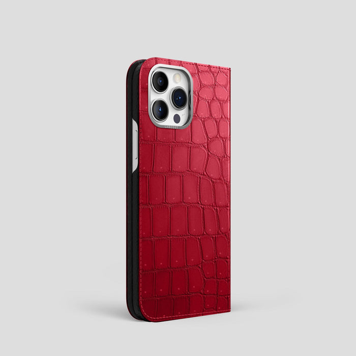 Burgundy iPhone 15 Pro Folio Case Porosus Crocodile with Steel Metal -1 | Burgundy-Steel