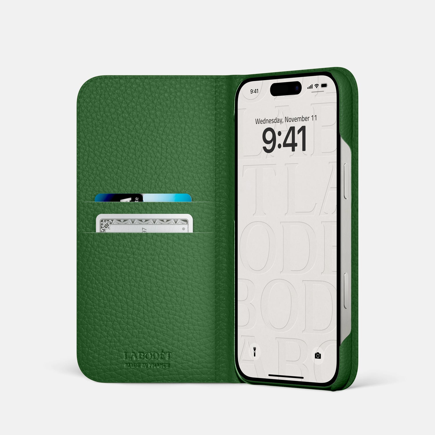 Dark Green iPhone 16 Pro Folio Case Calf with Steel Metal -2 | Dark-Green-Steel