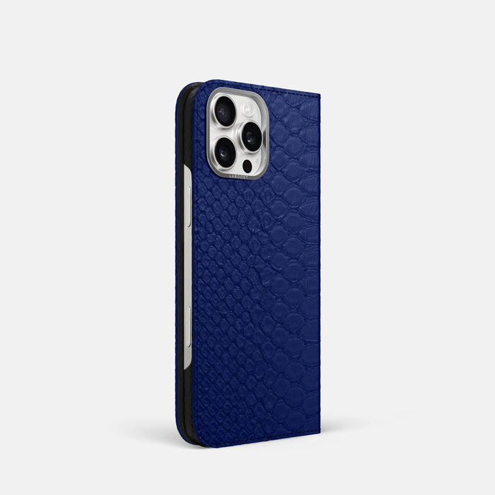 Royal Blue iPhone 16 Pro Folio Case Python with Steel Metal -1 | Royal-Blue-Steel