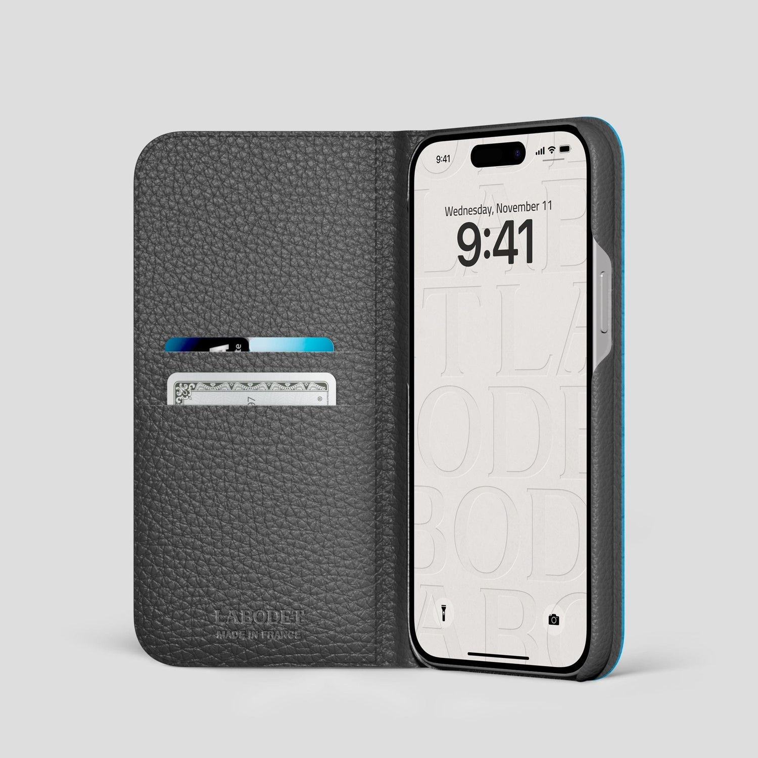 Curaçao-Blue iPhone 15 Pro Folio Stand Alligator with Black Metal -2 | Curaçao-Blue-Black