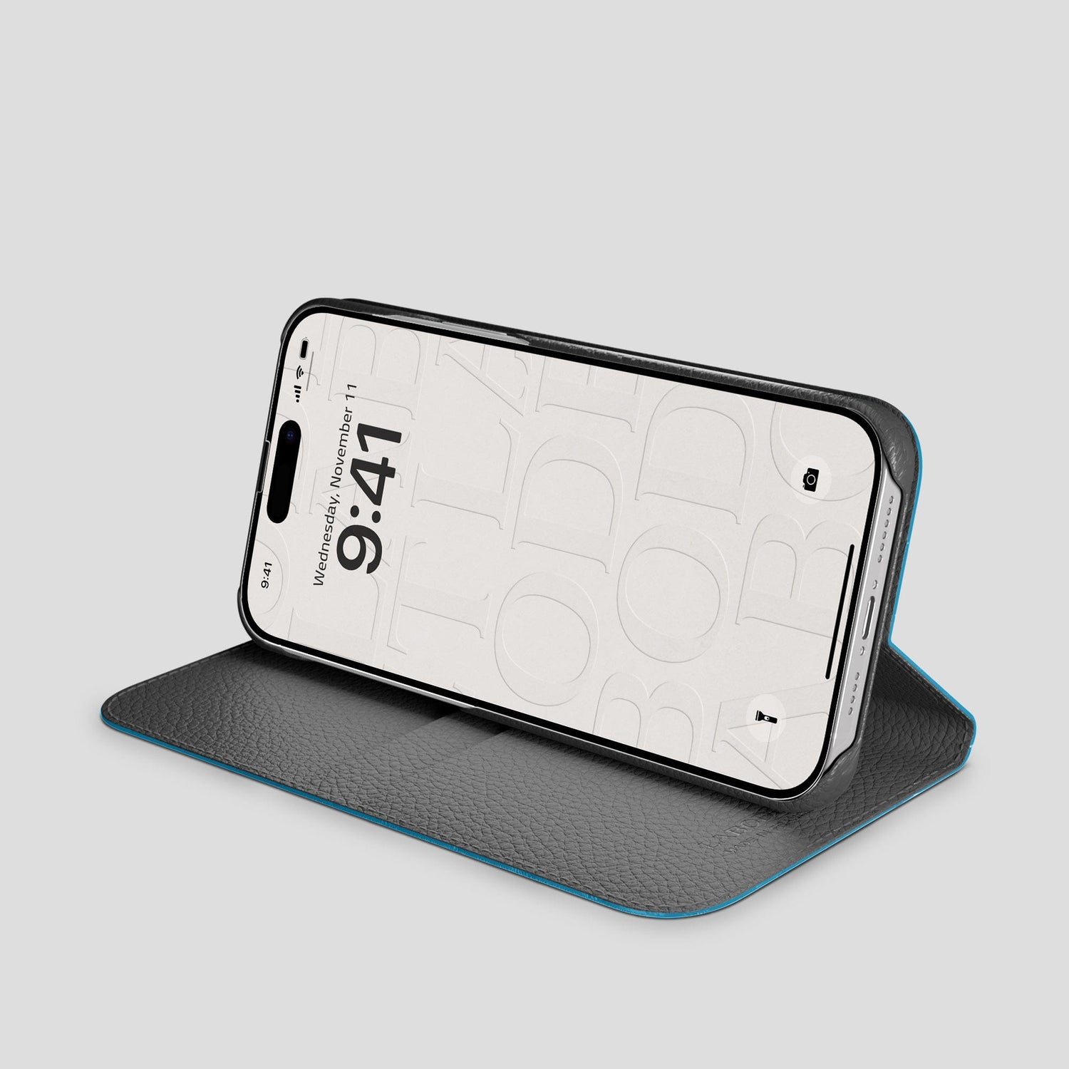 Curaçao-Blue iPhone 15 Pro Folio Stand Alligator with Black Metal -4 | Curaçao-Blue-Black