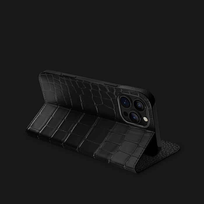 Edition-Black iPhone 16 Pro Folio Stand Case 1/1 Alligator with Black Metal -1 | Edition-Black-Black