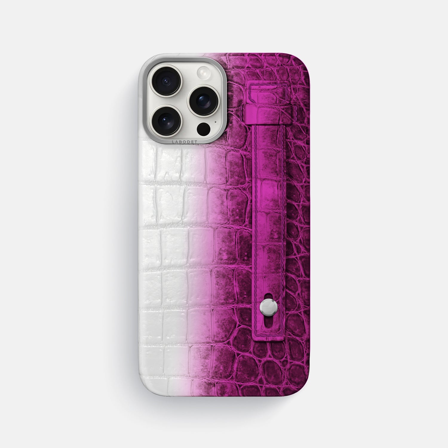 Fuchsia iPhone 16 Pro Max Hand Strap Case Himalayan Crocodile with Steel Metal -1 | Fuchsia-Steel