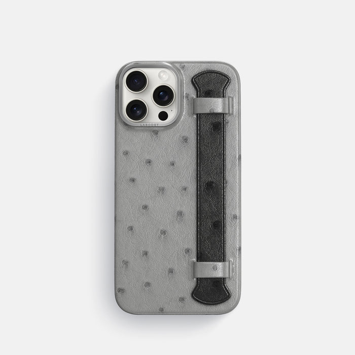 Silver-Black iPhone 16 Pro Handle Case Ostrich with Steel Metal -1 | Silver-Black-Steel