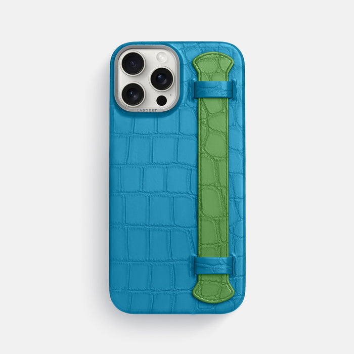Curaçao-Blue-Apple-Green iPhone 16 Pro Max Handle Case Coloré Alligator with Steel Metal -1 | Curaçao-Blue-Apple-Green-Steel