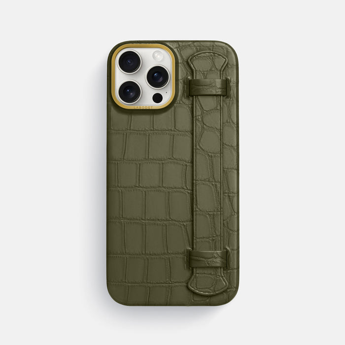 Kaki-Green iPhone 16 Pro Max Handle Case In Alligator with Gold Metal -1 | Kaki-Green-Gold