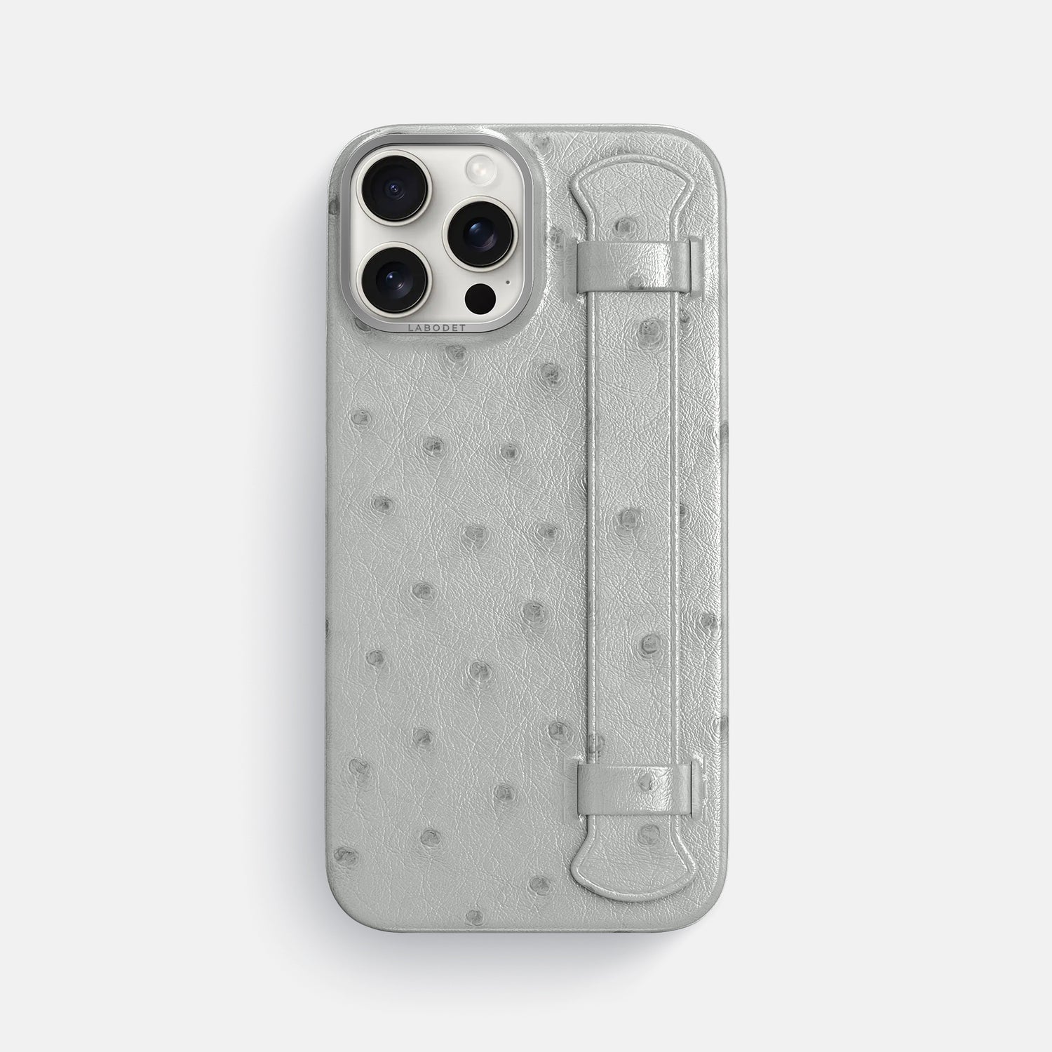 White iPhone 16 Pro Max Handle Case Ostrich with Steel Metal -1 | White-Steel