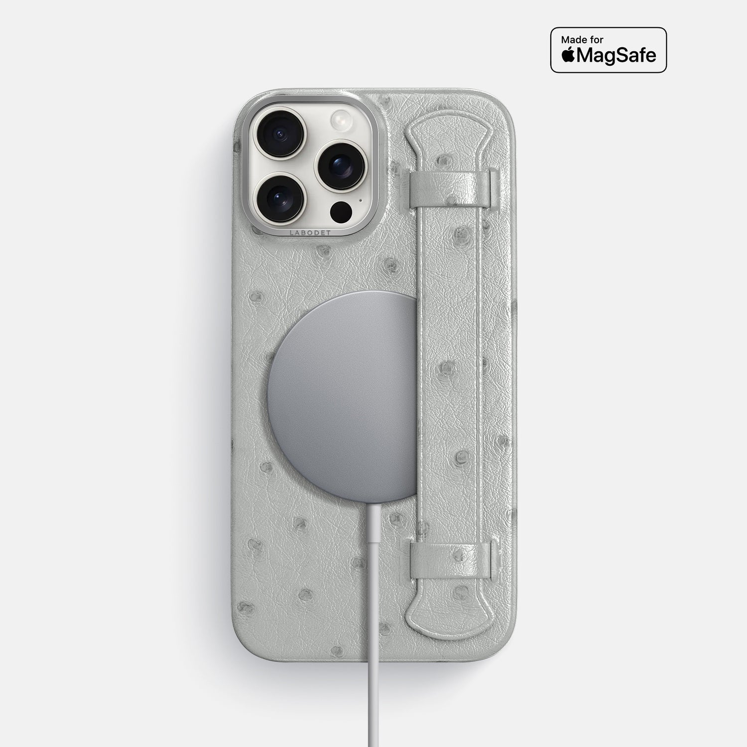 White iPhone 16 Pro Max Handle Case Ostrich with Steel Metal -5 | White-Steel